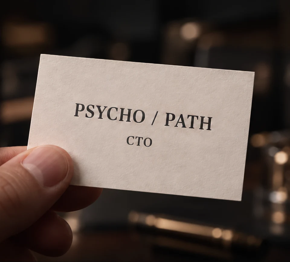 Ivory business card printed with PSYCHO / PATH and CTO.