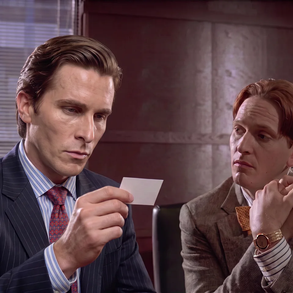 Psycho studies a business card beside a colleague.