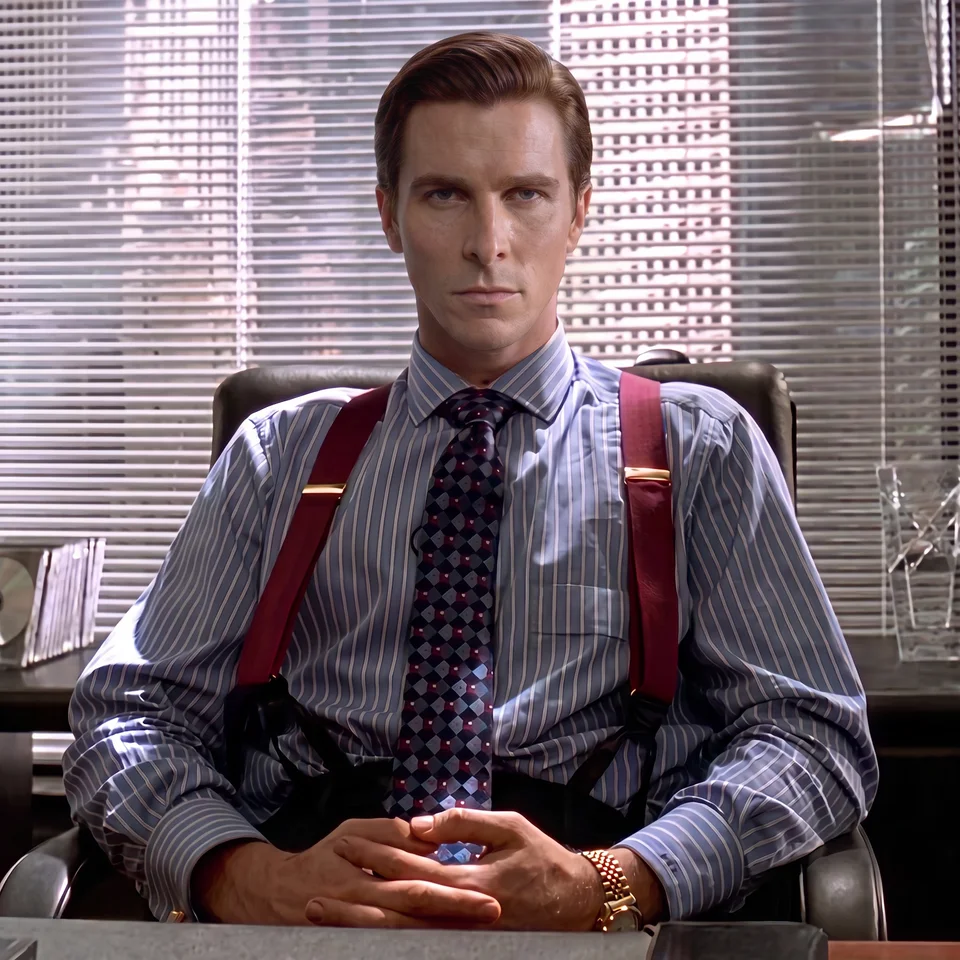 Psycho at his desk, hands clasped and red braces visible.